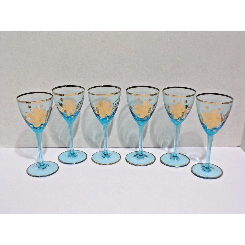Vintage Hungry‎ Romanian Blue Cordial Glasses Gold Roses Wine 4oz Glass Set of 6